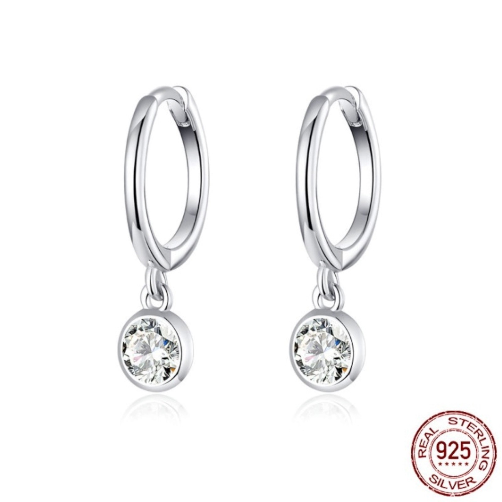 925 Sterling Silver Dangle Clear Round CZ Small Huggie Hoop Earrings 12mm B51