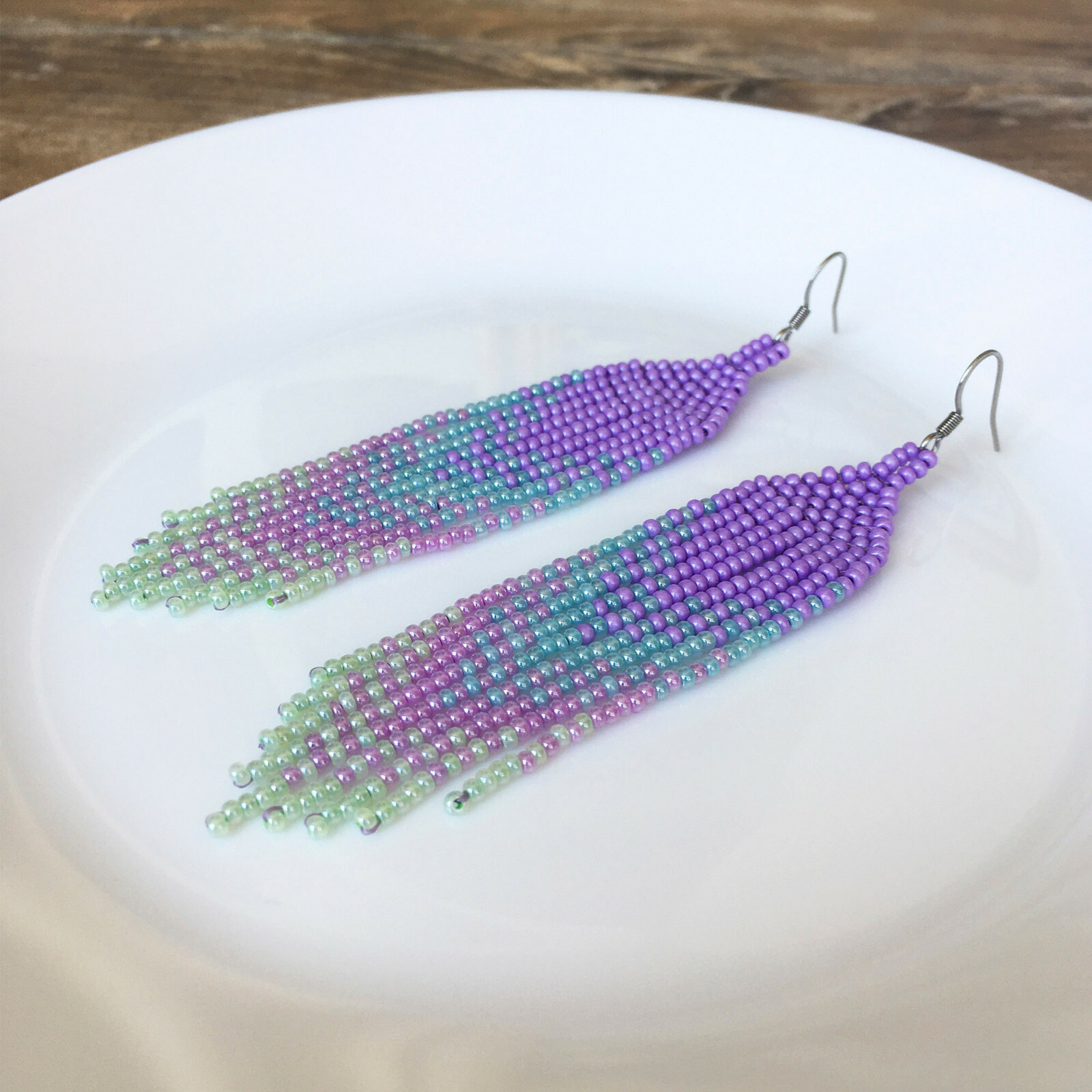 Lavender blue gradient seed bead earrings, Lilac waterfall beaded earrings