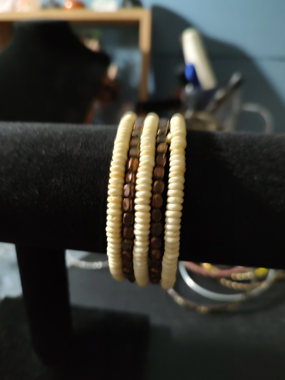 Beige & Brown Beaded Wrap Bracelet, Stackable, Beads