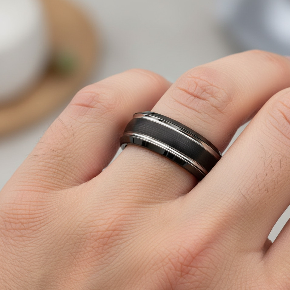 8mm Two-Tone Tungsten Carbide Band, Black IP Brushed Center Steel Color Ring