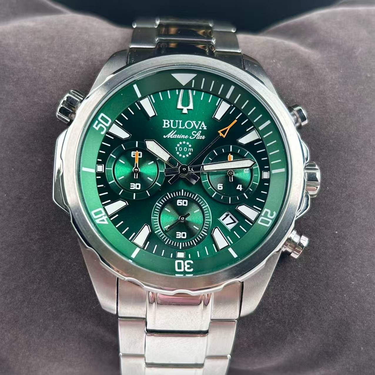 New Bulova Marine Star 96B396 Green Dial Men’s Chronograph Quartz Watch 43 mm