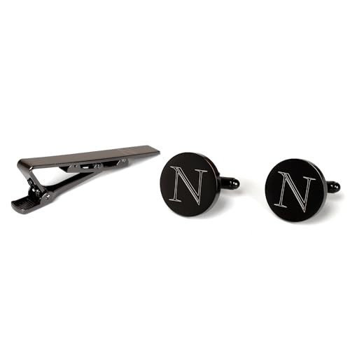 Mens Initial Cufflinks and Tie Clip A-Z Alphabet Letter Black Classic-N