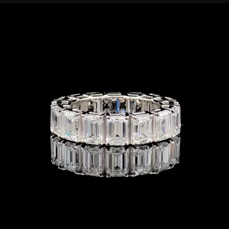 Fine Emerald Cut Lab Grown Diamond Eternity Band 8 Ct 14k White Gold VVS E F CVD
