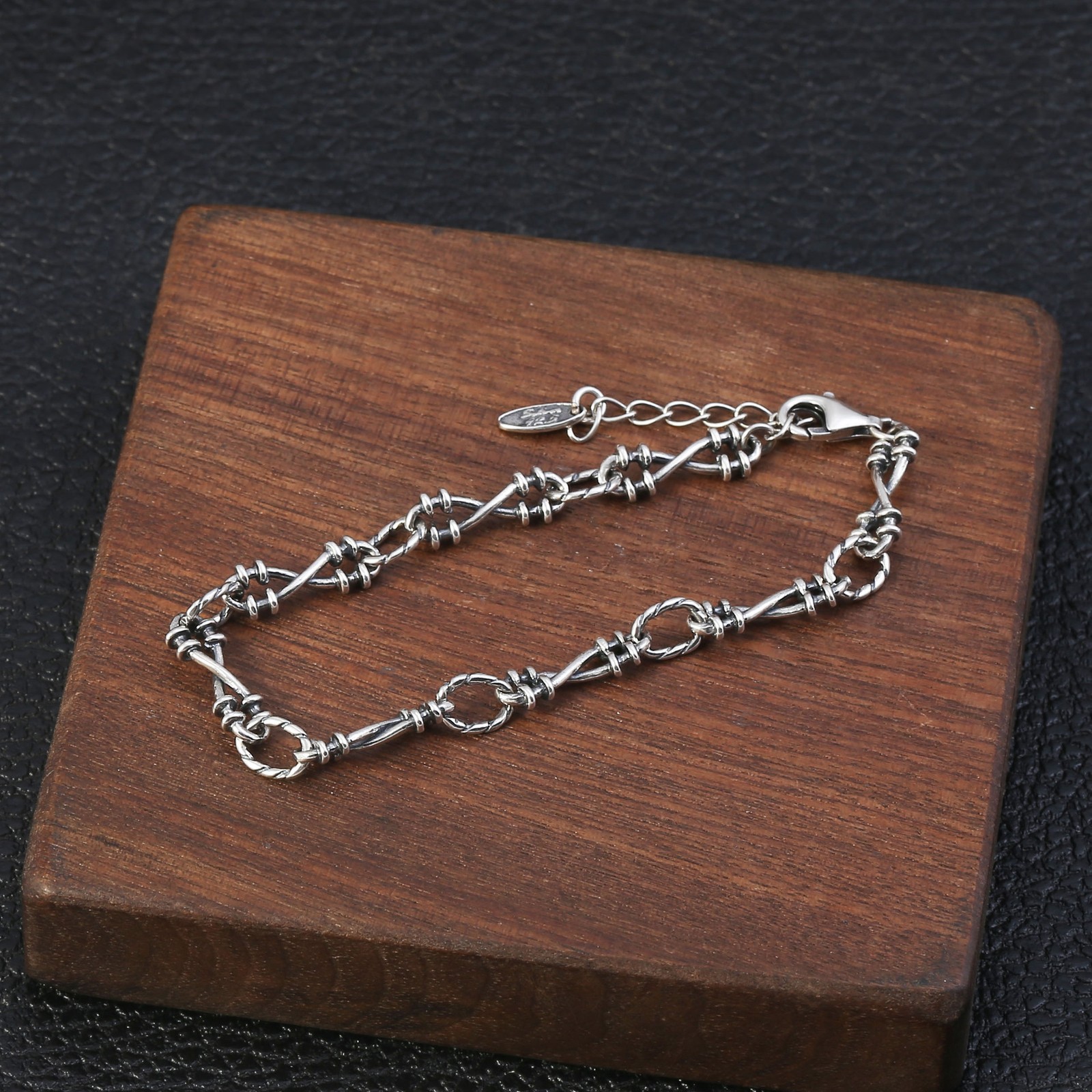 Solid 925 Silver Barbed Wire Style Bracelet Oxidized Thai Silver Punk Jewelry