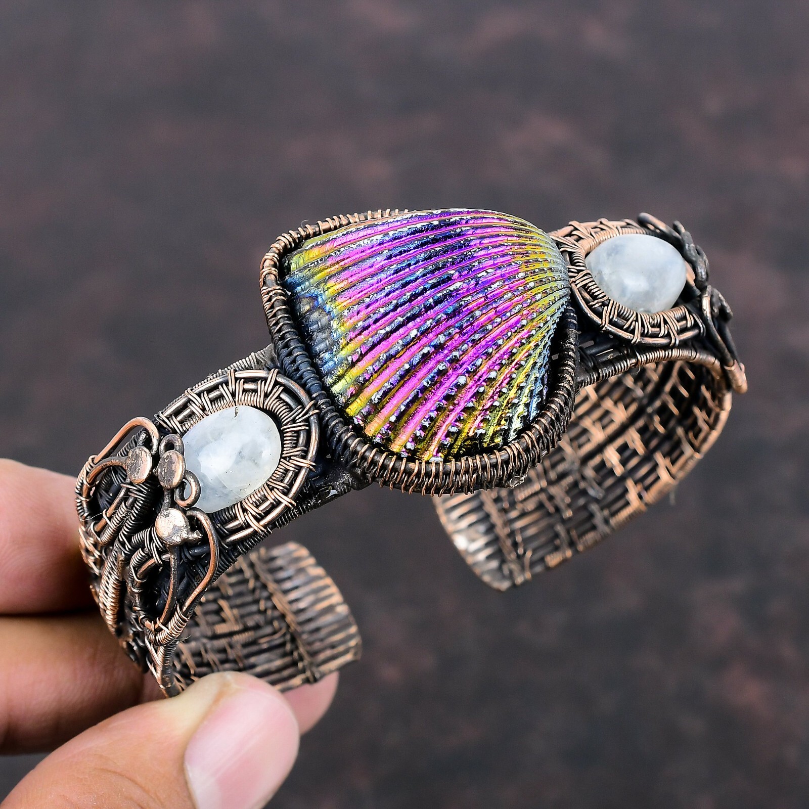 Titanium Coated Shell Stone Rainbow Moonstone Copper Wire Wrapped Wedding Bangle