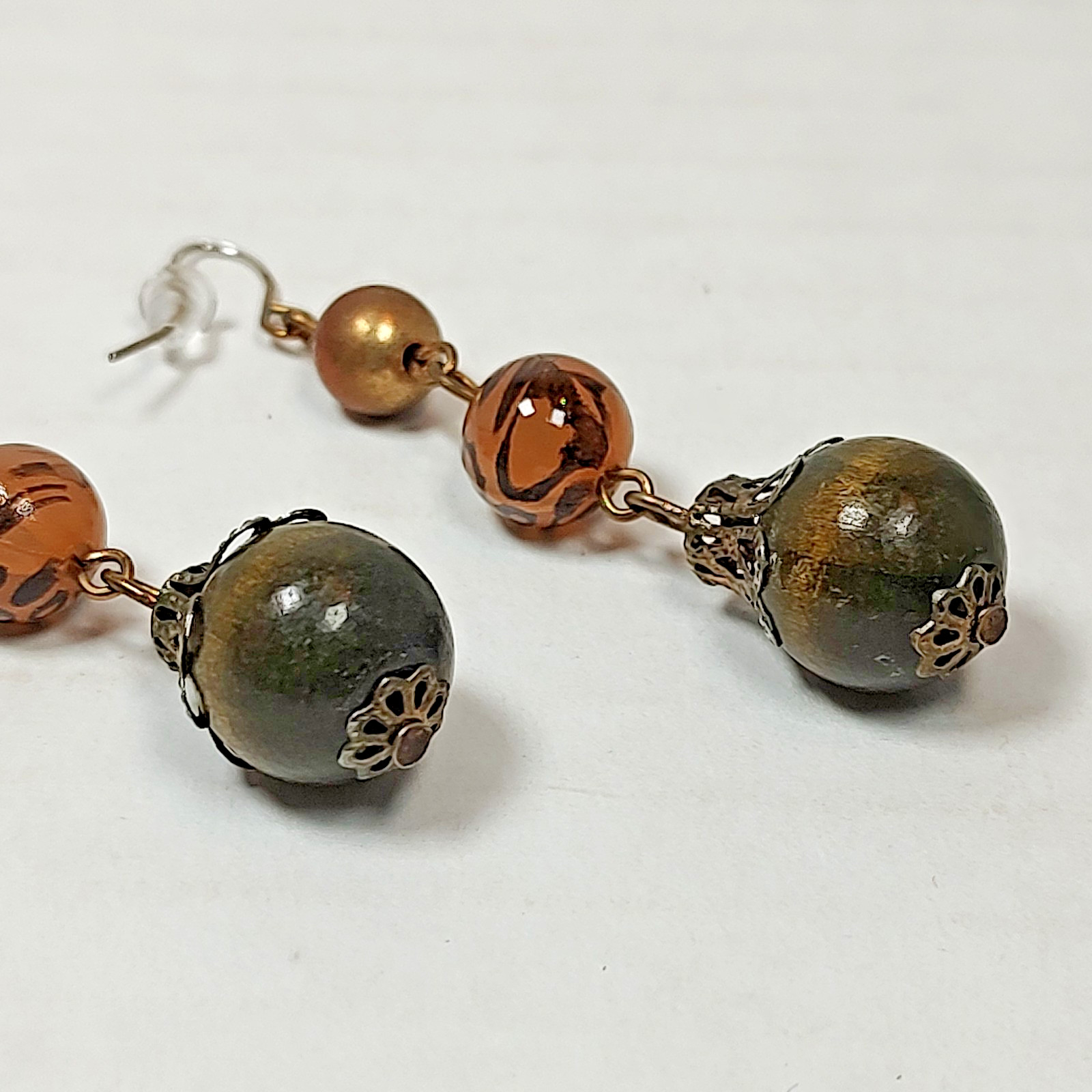 VTG Style Bronze Tone Metal Earth Tone Beaded Dangle Drop Hook Fashion Earrings