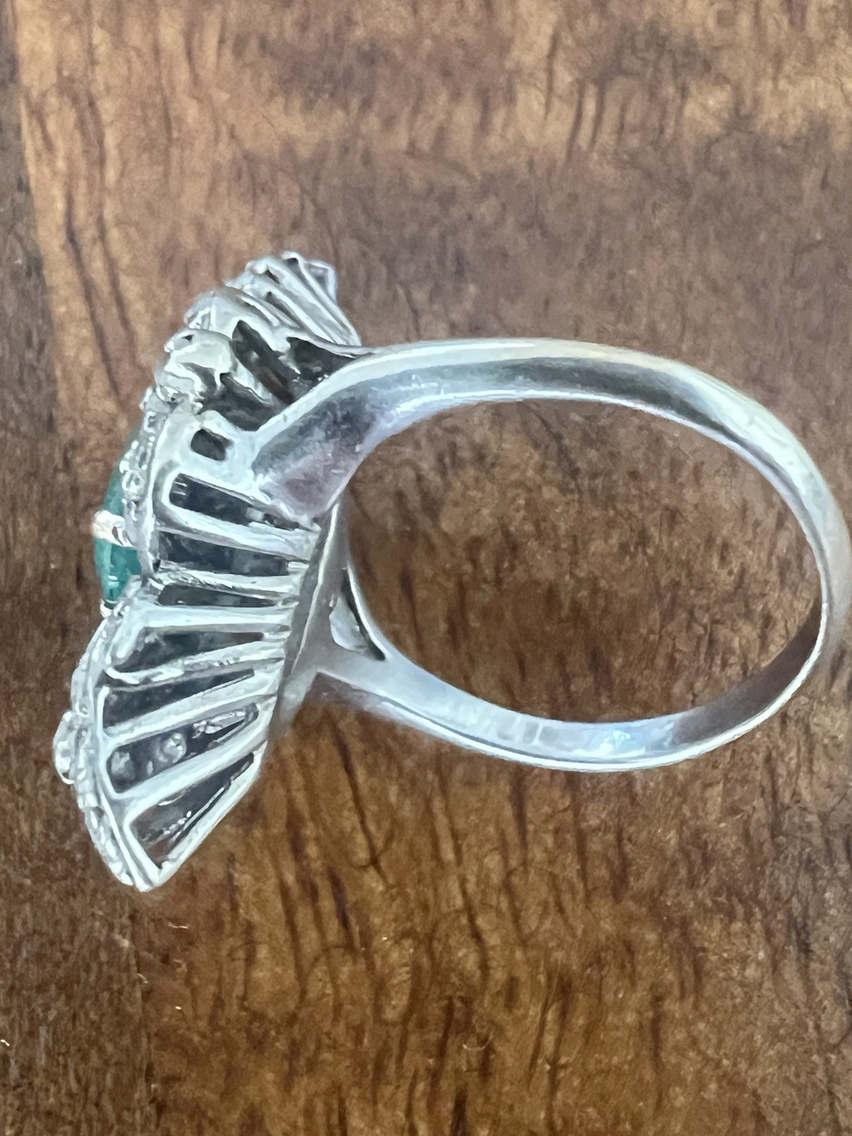 STUNNING 1ct EMERALD ring 14k white gold MANY diamonds MAY birthday ART DECO