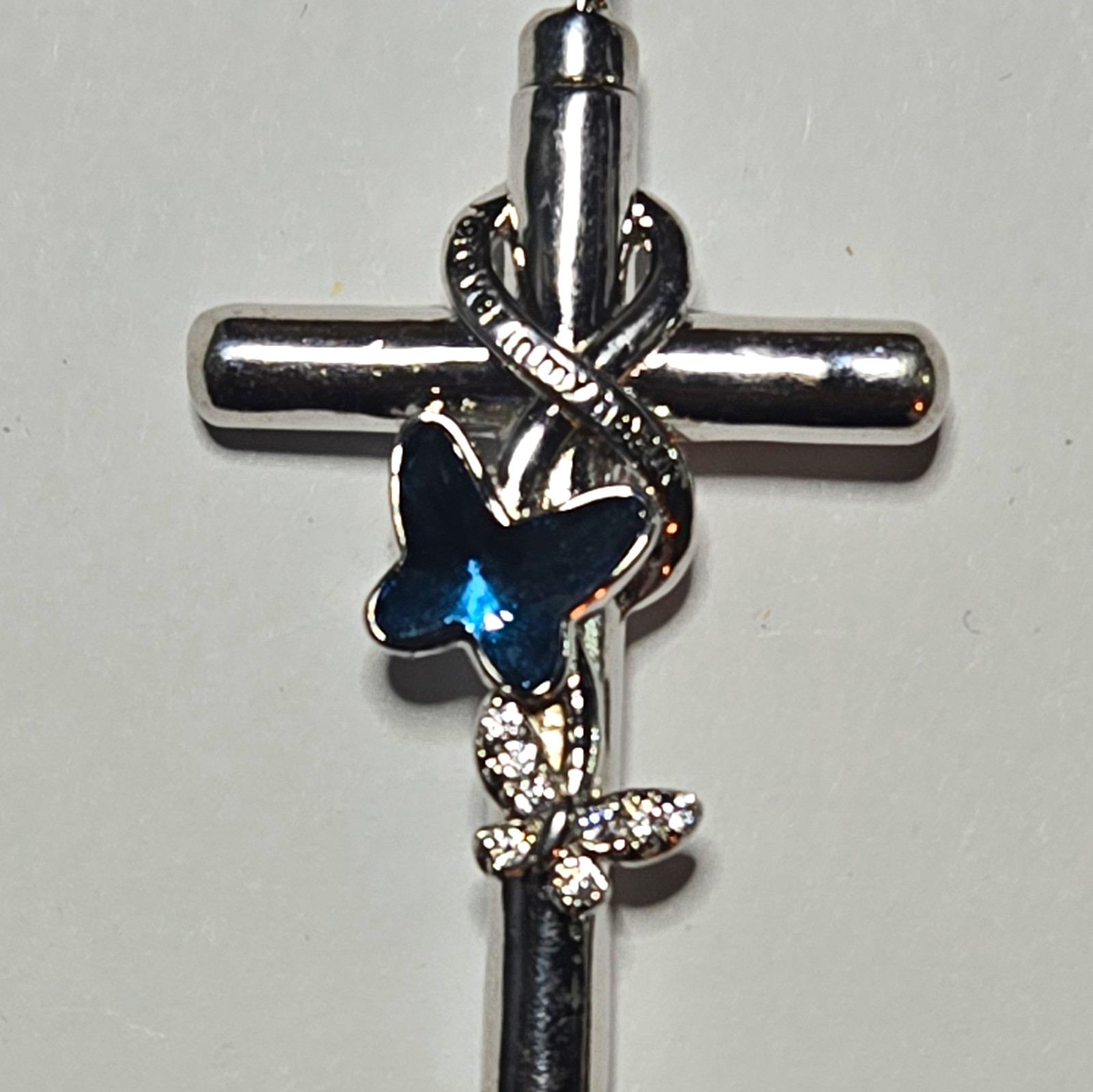 S925 Silver Cross Pendant Charm Blue Stone Butterfly Crystal Religious Theme