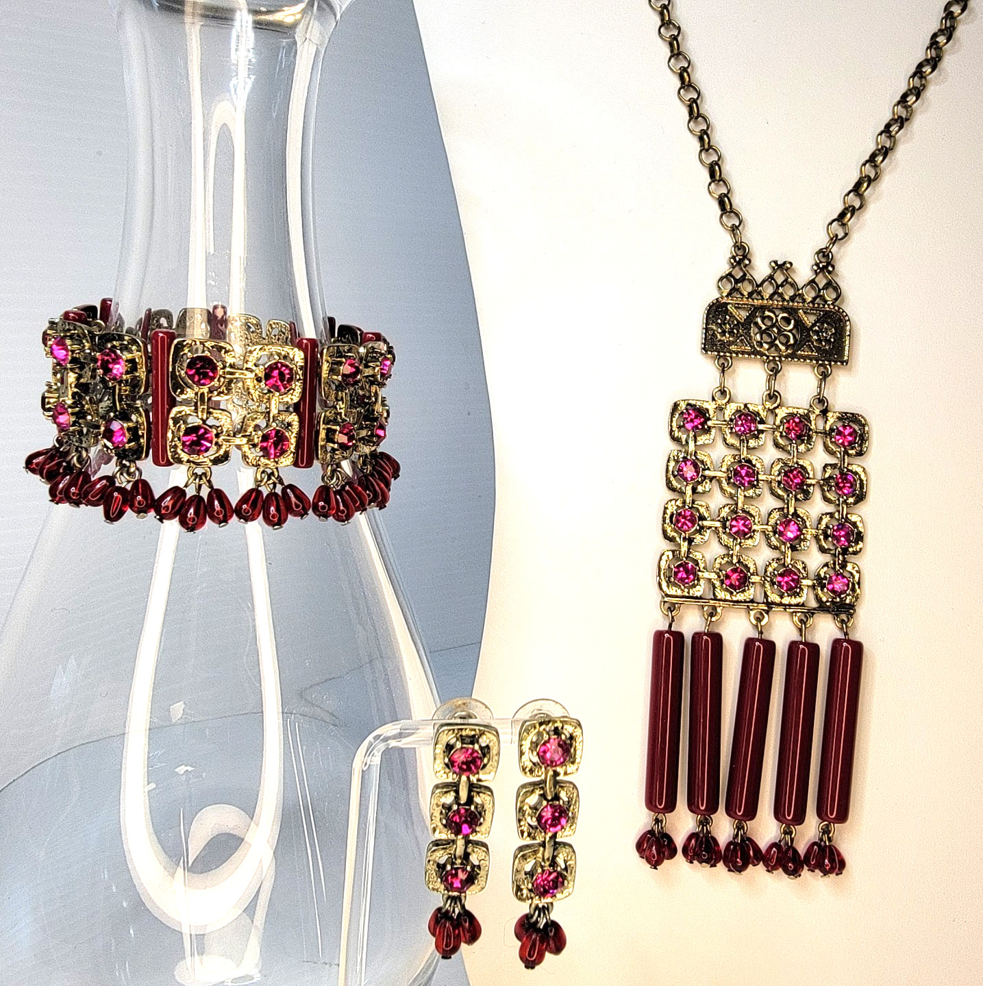 Coldwater Creek Taj Mahal Jewelry Pink Rhinestone Bracelet Earrings + Necklace