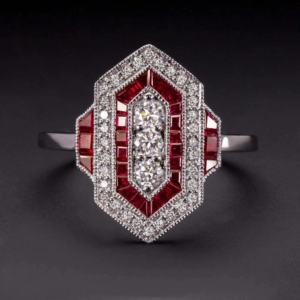 3Ct Art Deco Style Lab Created Diamond & Ruby Engagement 14K White Gold FN Ring