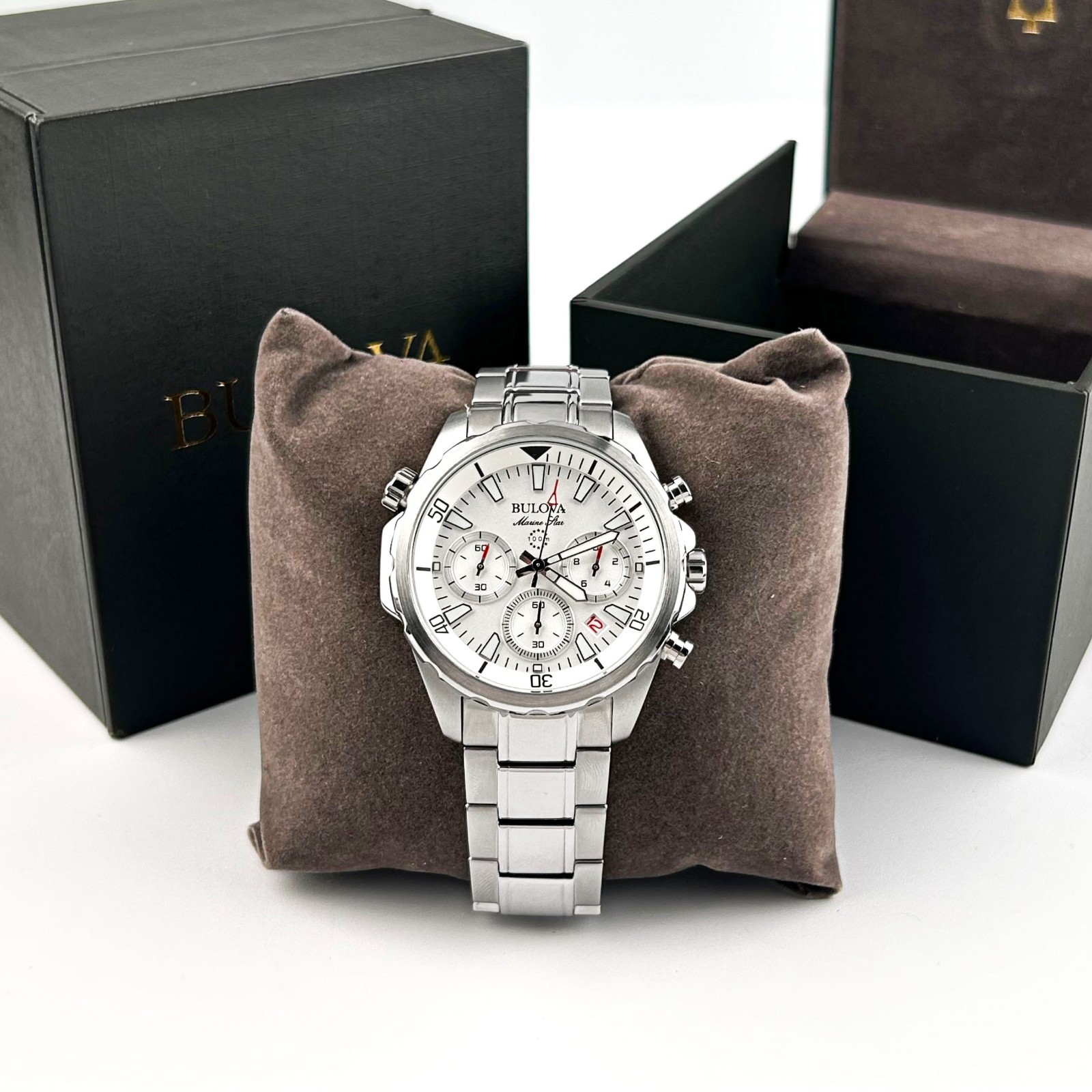 Bulova Marine Star 96B255 Men’s Classic White Dial Chronograph Quartz Watch 43MM