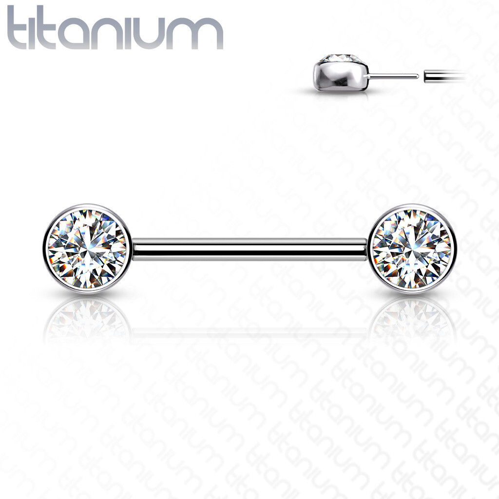 Pair of Implant Grade Titanium Threadless Push In Nipple Barbell W/ Flat CZ Tops