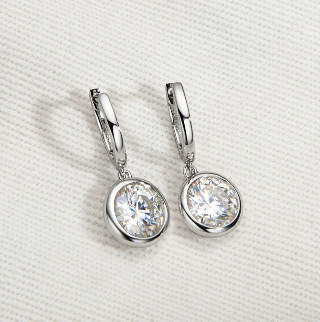 2CT 4CT Round Bezel Moissanite Drop Earrings 925 Sterling Silver Dangle Earring