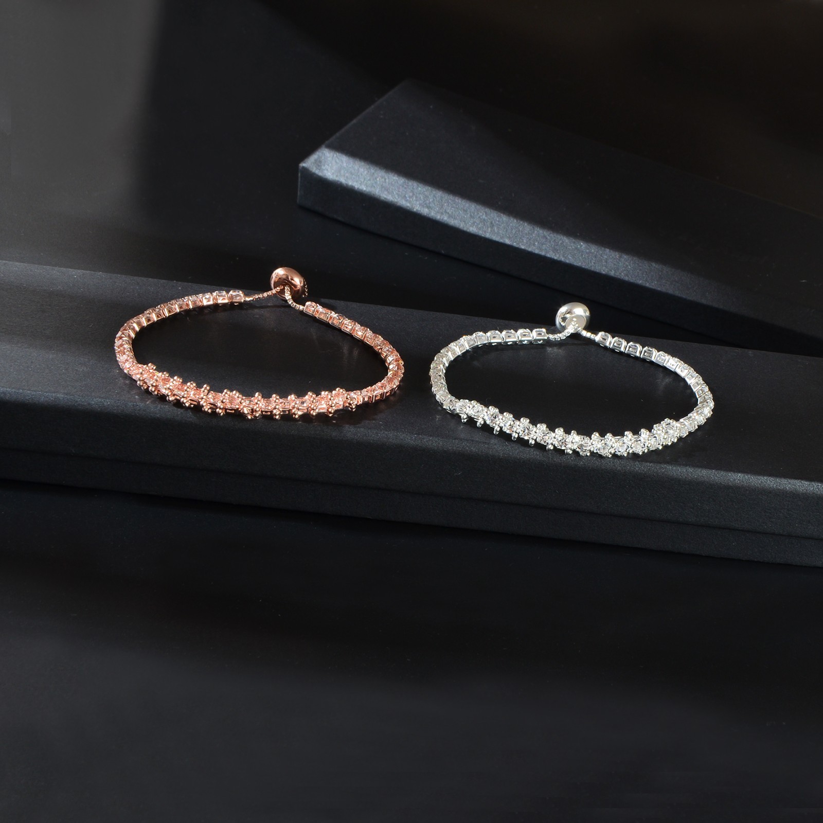 2 pcs Wedding Anniversary Rhinestone Rose Gold Silver Chain Adjustable Bracelets