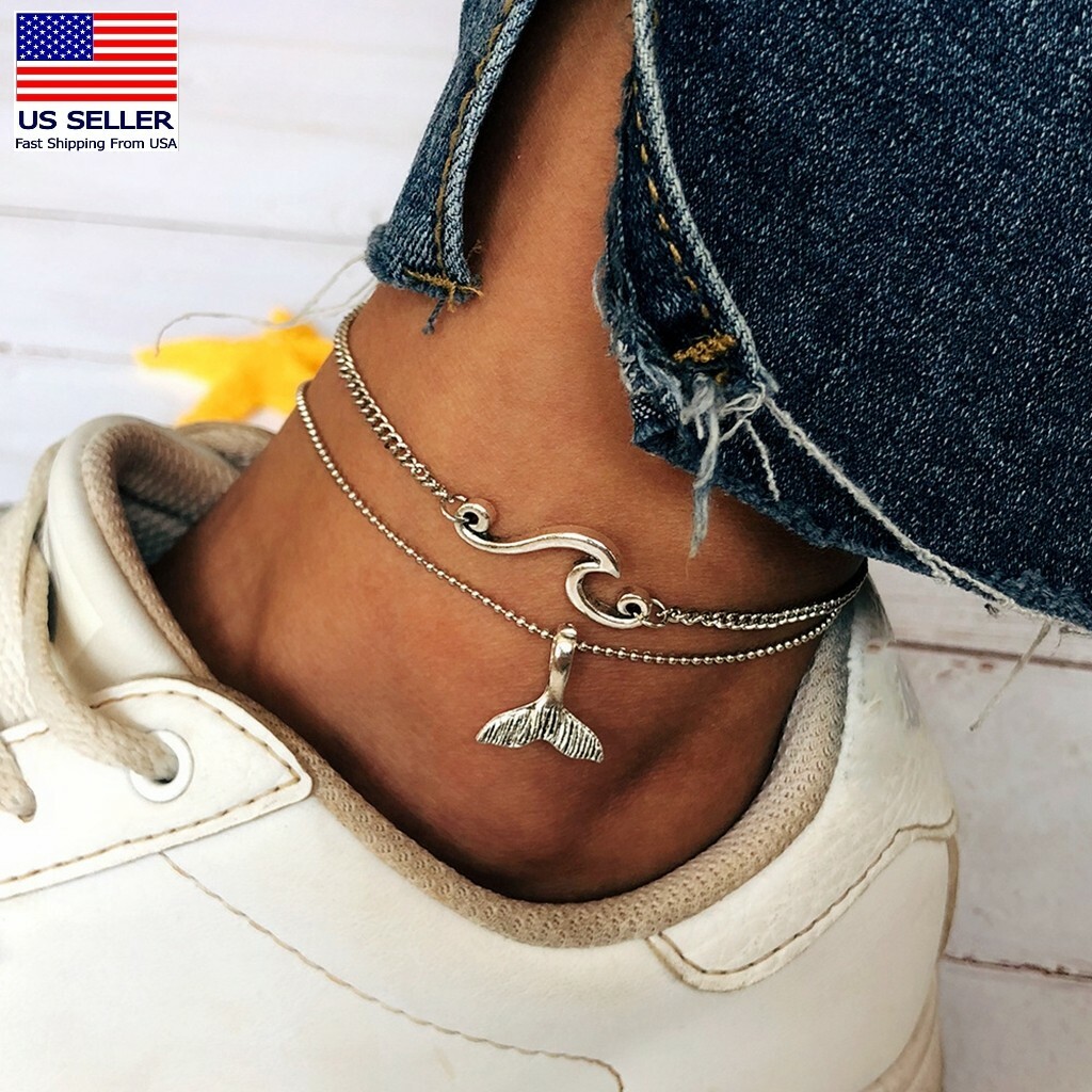 Fashion Woman Simple Ocean Waves Fish Tail Fins Anklet Ankle Bracelet Chain 0120