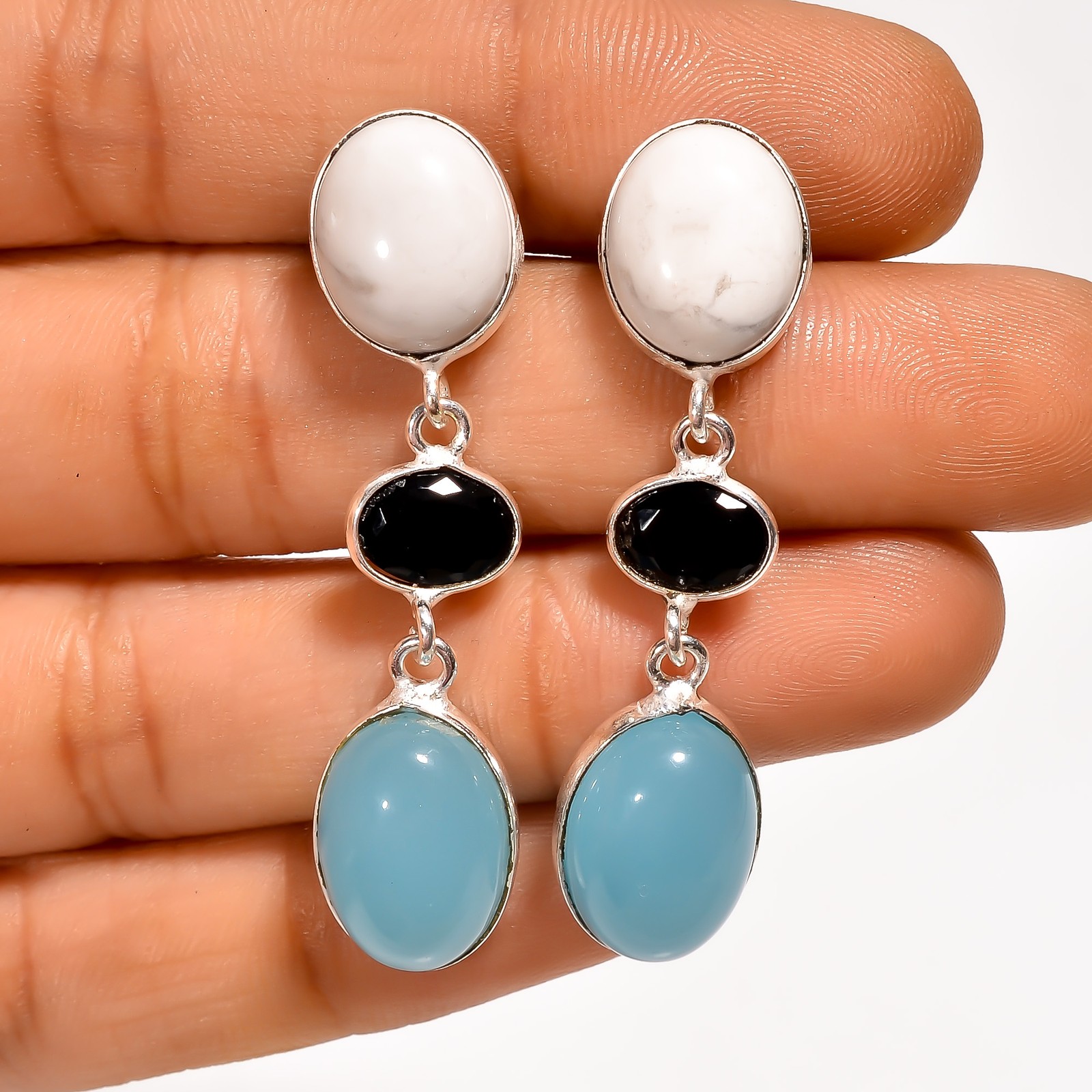 Howlite Chalcedony Gemstone Fashion Jewelry 925 Silver Earrings 1.7″ ARE-6655