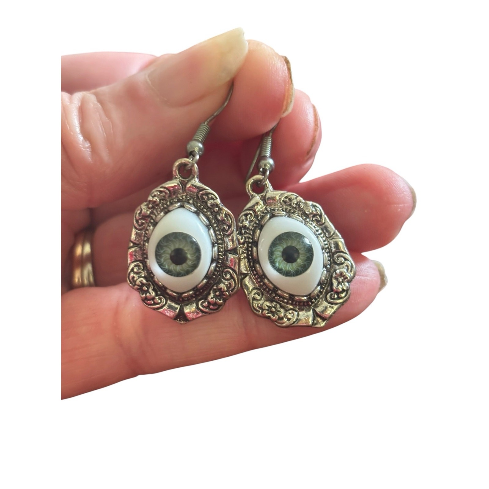 Green Eyeball Drop Earrings Gothic Oddities Creepy Victorian Silver Tone