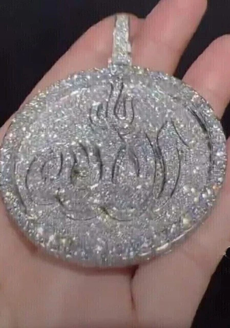 2.30Ct Round Cut Moissanite Customize Allah Men Pendant 14K White Gold Plated