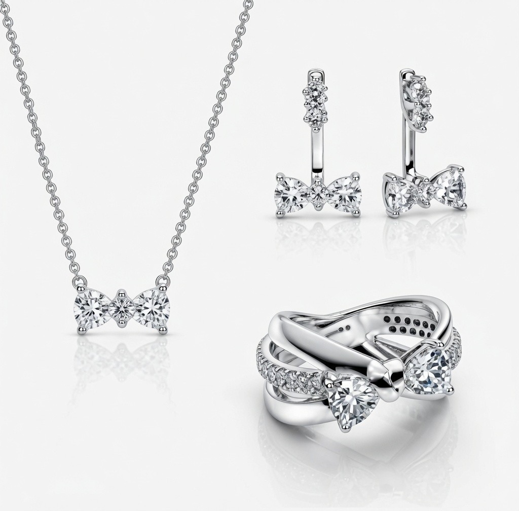 New 100% Authentic 925 Ale Silver Sparkling Bow Jewelery Set