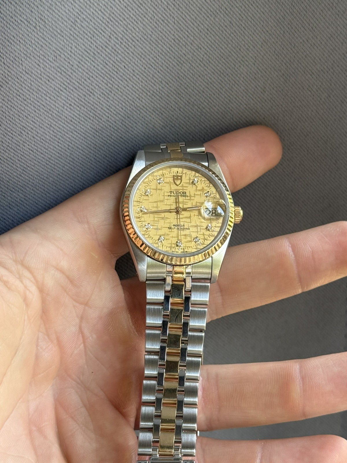 Tudor Prince Date 18K Gold & SS Gold Linen Diamond Dial Auto Watch 74033 w/ B&P