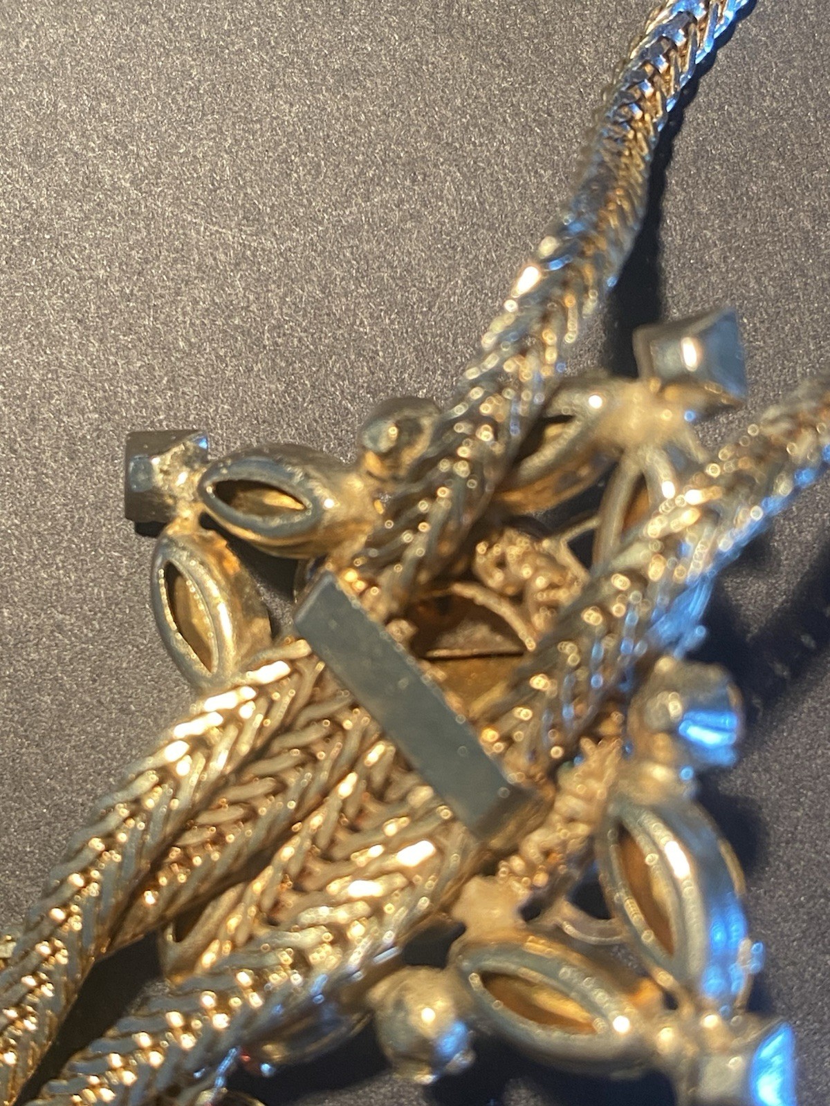 Fixed-Pendant Lariat Necklace Faux Citrine & Amethyst Herringbone Chain ’70s VTG