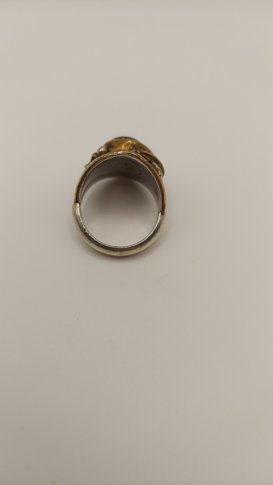 mens native signed KC, sterling silver and 12k gold filled ring, black onyx, 10