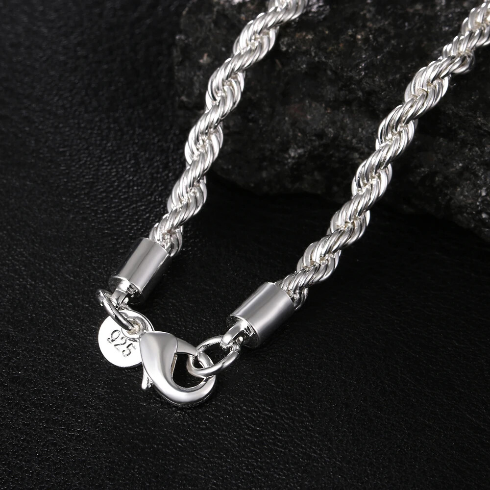 925 sterling silver 4MM chain male twisted rope necklace bracelets jewelry Set