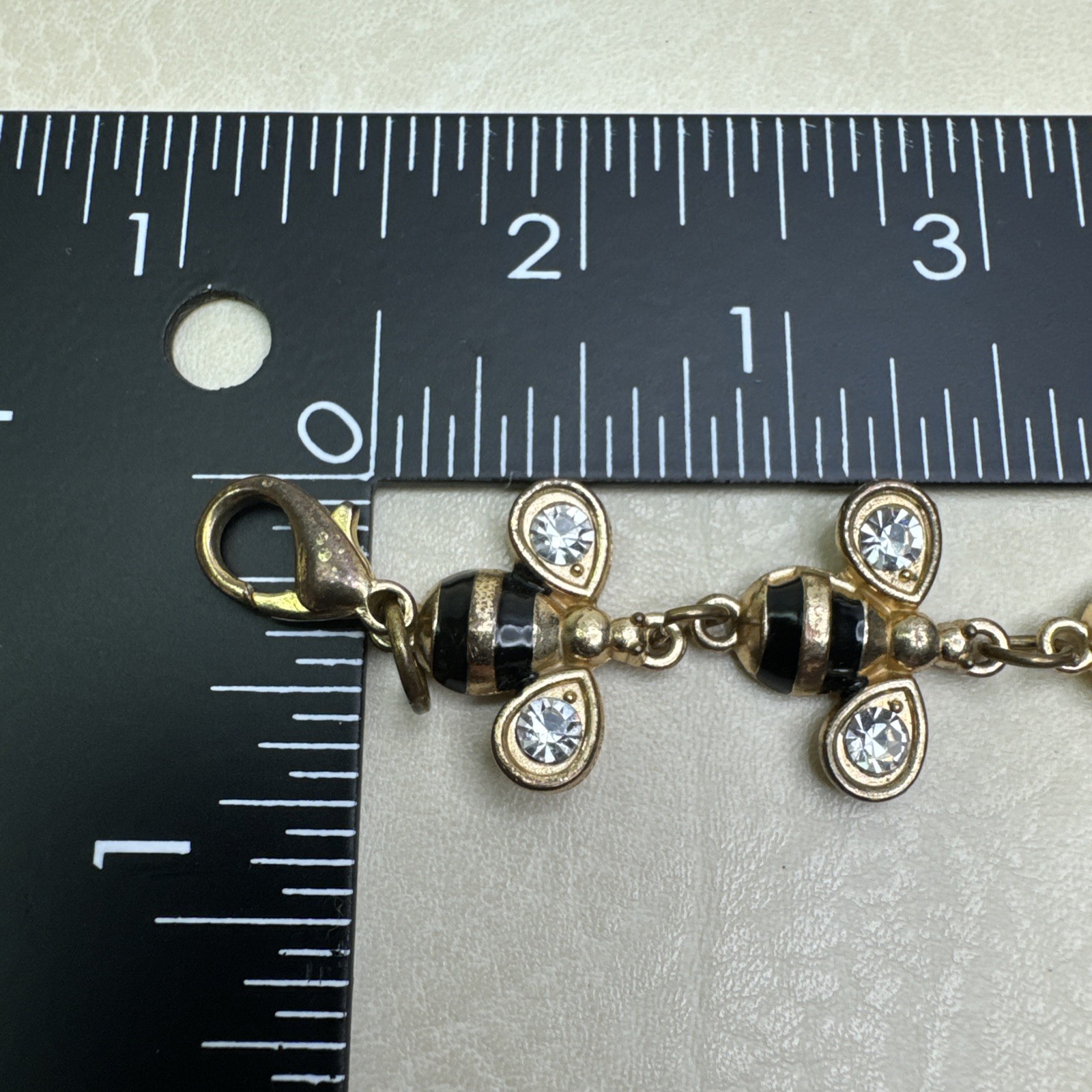 Bees Chain Bracelet Gold Tone Rhinestone Wings Black Enamel Lobster Clasp 7.5″