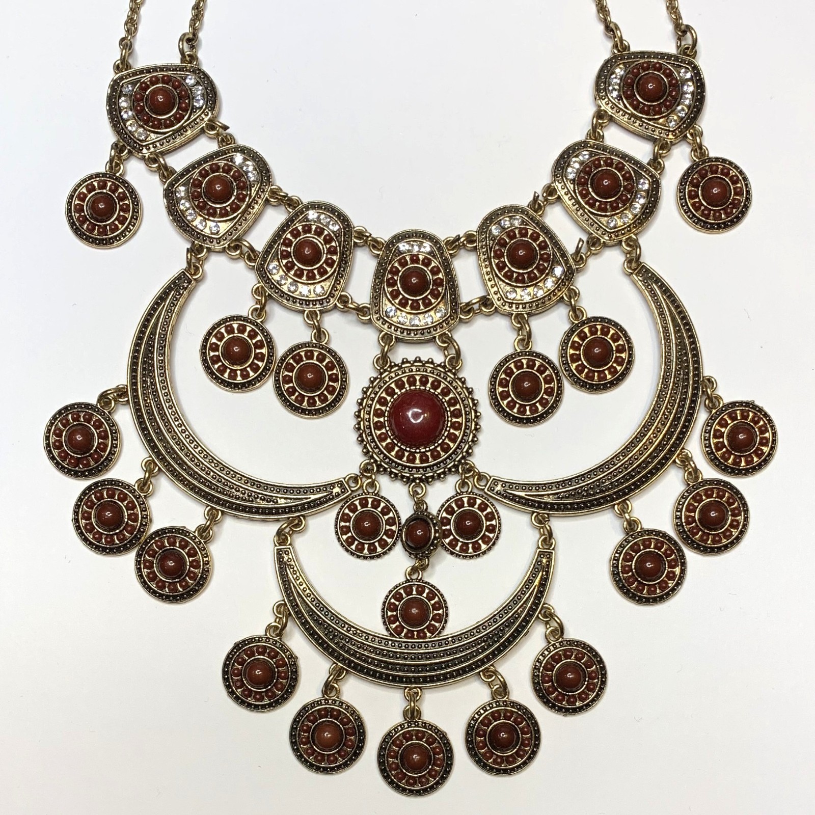 Boho Style Gold Tone Bib Statement Necklace Crescent Shapes w/ Maroon Medallions