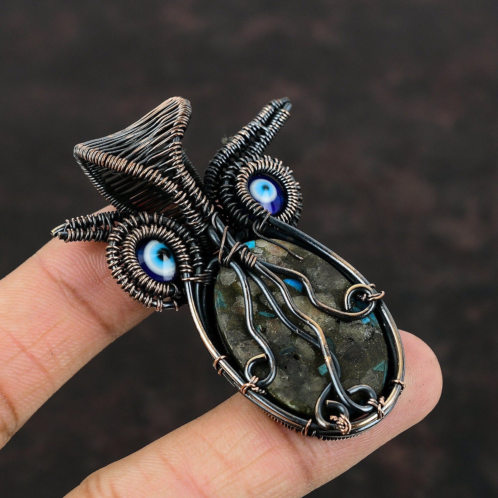 Pink Opal Turquoise Copper Gift For Briedsmaid Wire Wrapped Owl Pendant 2.6″