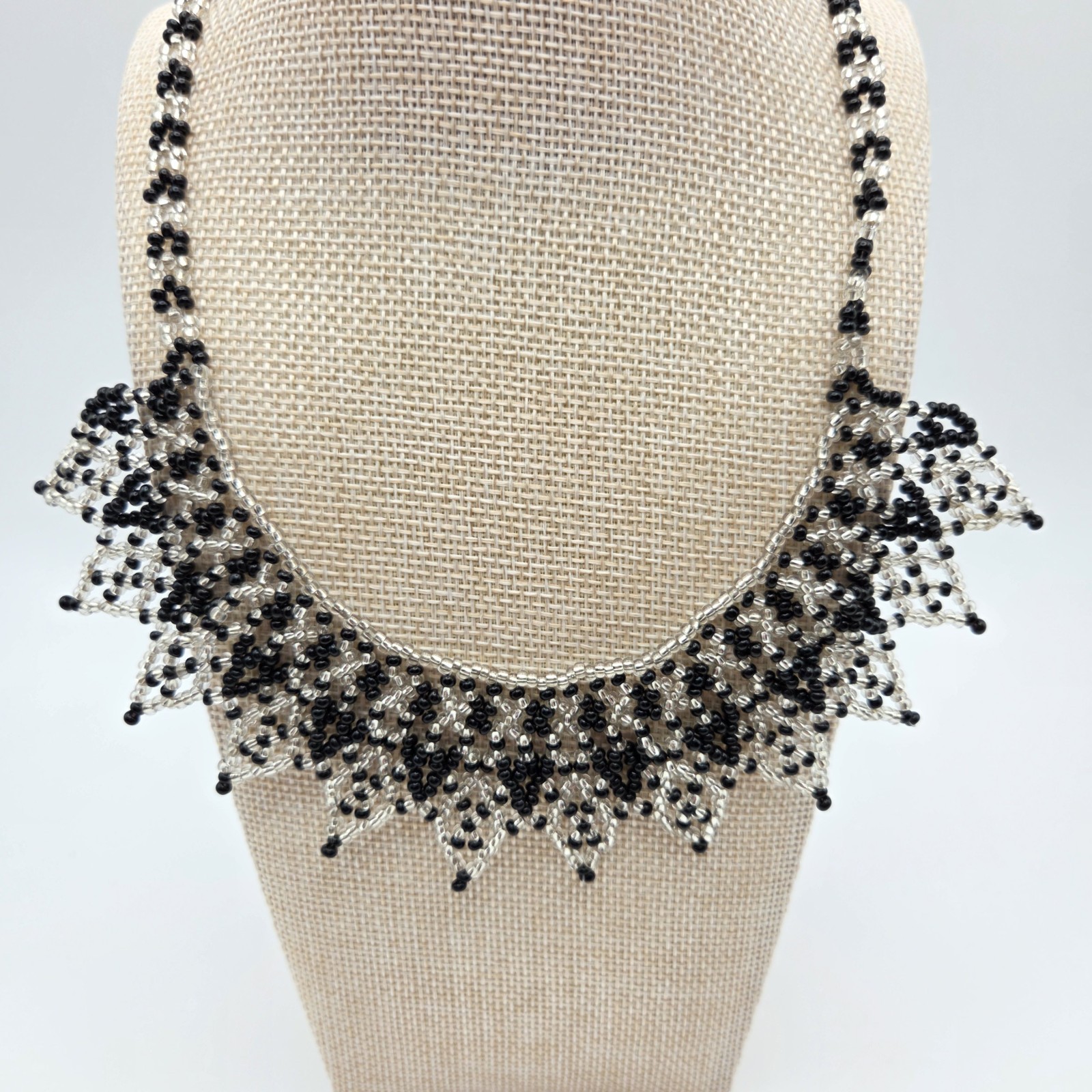 Vintage Handmade Czech Glass Black & Clear Seed Bead Bib Choker Necklace
