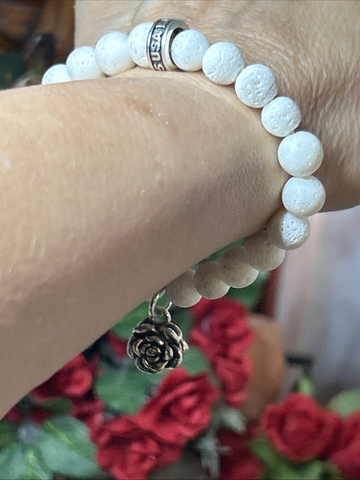 57. King Baby Studio 925 Rose Charm White Coral Stretch Bracelet 6.25+”, 25.5g