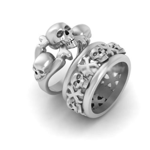 935 Argentium Silver Skull Bones Wedding Matching Couple Ring Solid Band Set