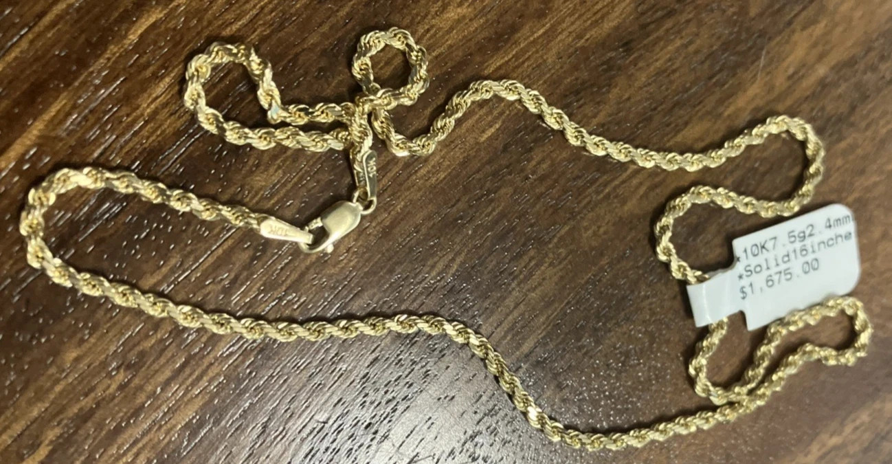 10kt Real Solid Gold Rope Chain Necklace 7.5grams 2.45mm 16” GND Brand NWT 10K