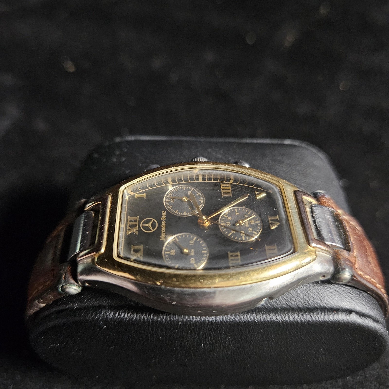 VTG Mercedes-Benz Watch Mens 34mm Black Dial Brown Leather Chronograph Date