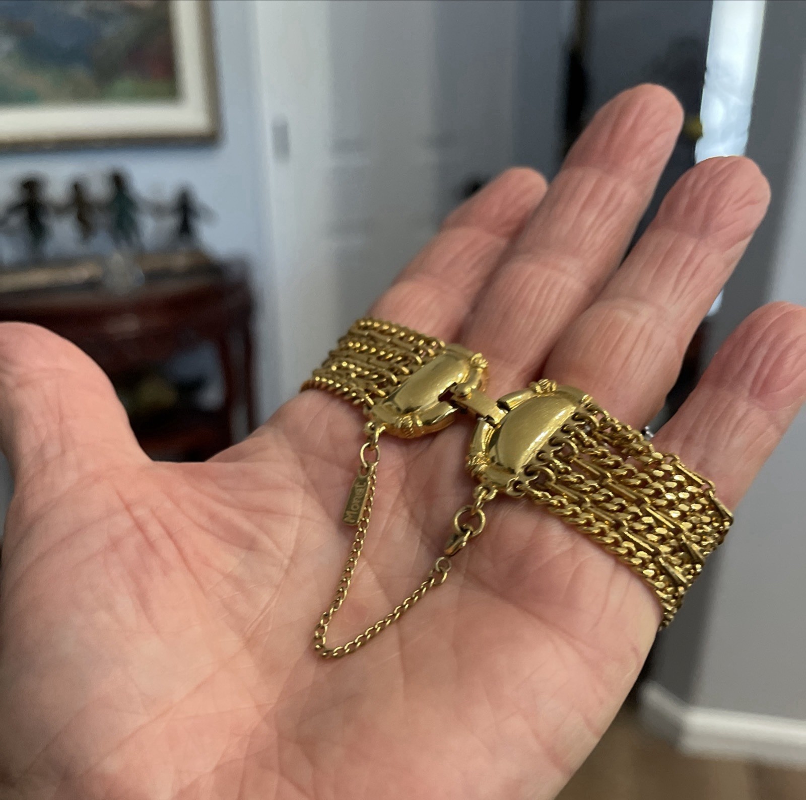 Vintage Monet 7” Gold 7 Strand Braclet With Safety Chain