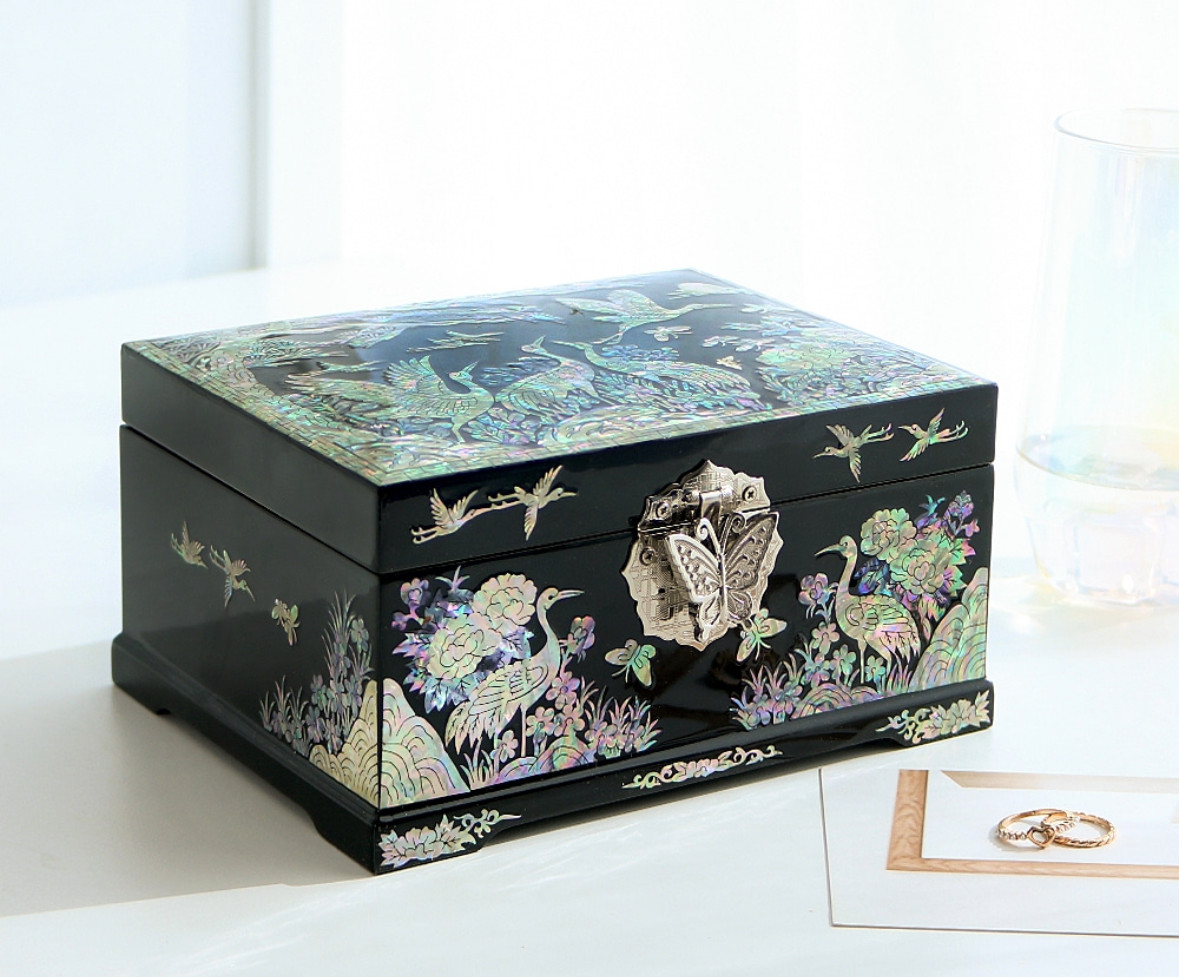 Handcrafted Korean Mother-of-Pearl 2-Tier Jewelry Box – Longevity Crane Motif