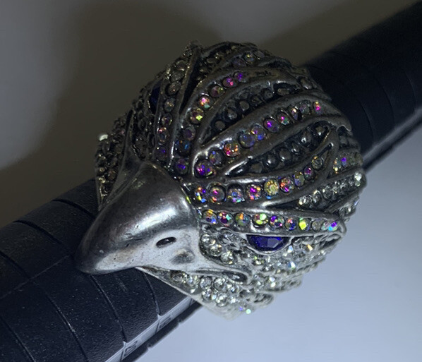 ST & Crystal Eagle Ring W/ Blue Sapphire Rhinestone Eyes, Aurora Borealis Crown