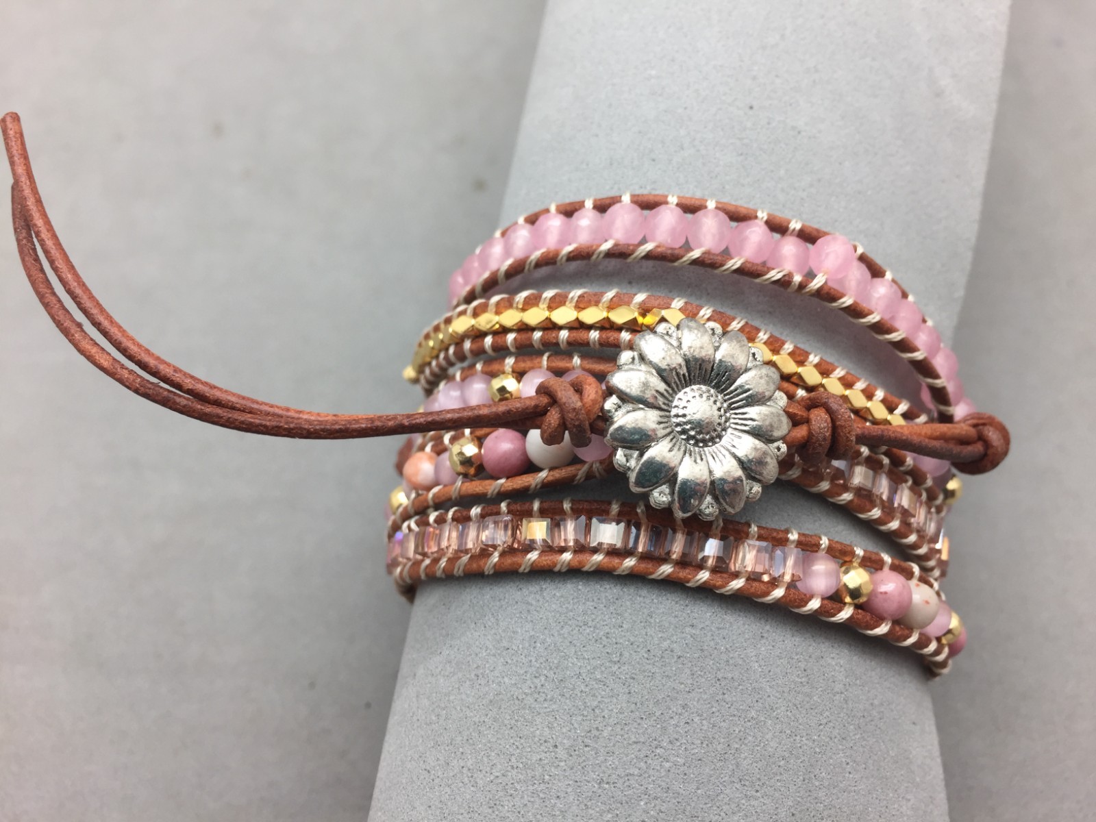 Natural Rose Quartz Crystal Beaded Leather Wrap Bracelet Heart Chakra Rhondonite