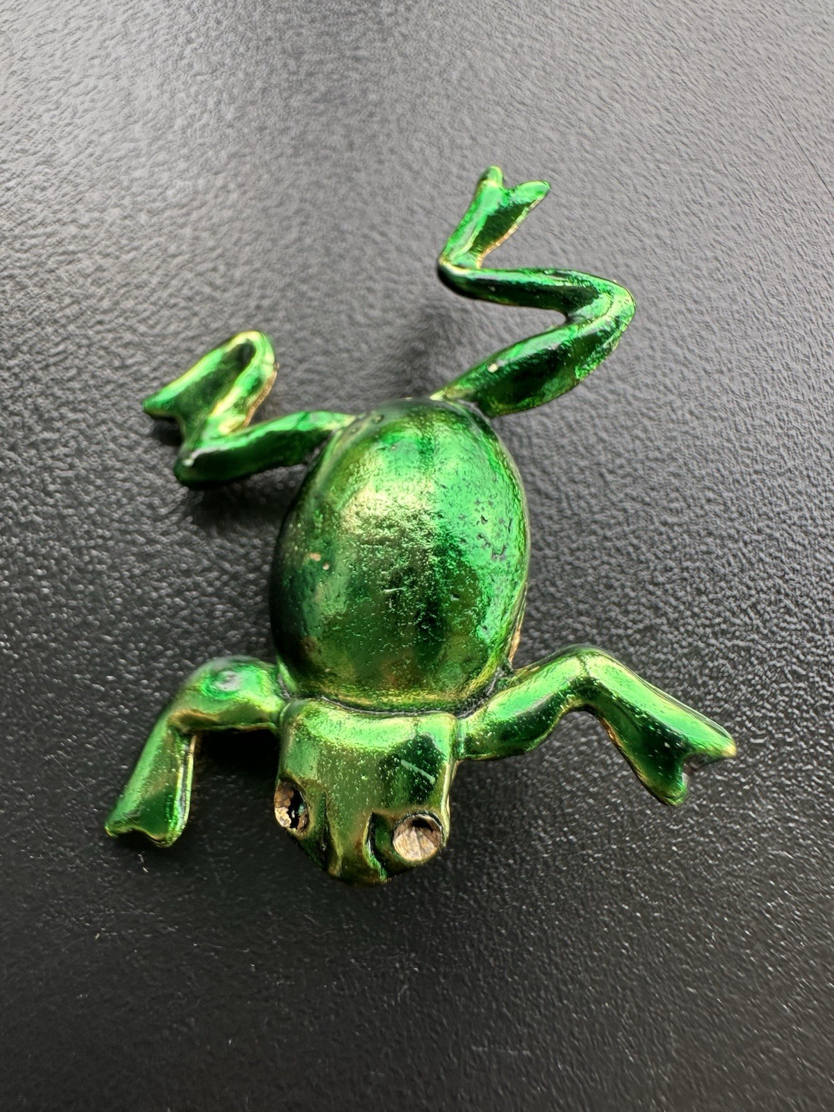 Vintage Metallic green enamel leaping frog brooch