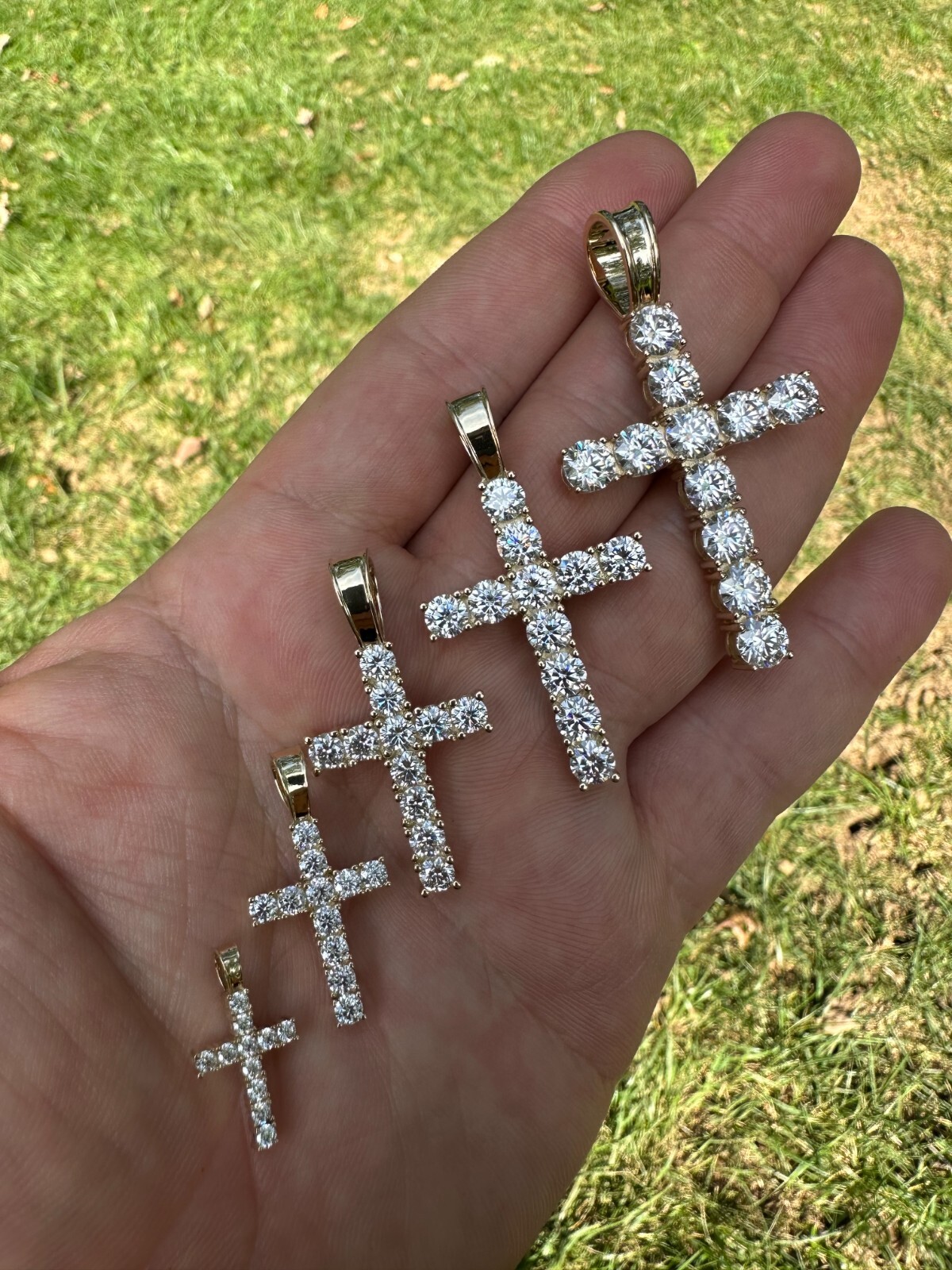 Real MOISSANITE Solid 10k Yellow Gold Iced Tennis Cross Pendant Necklace 5 Sizes