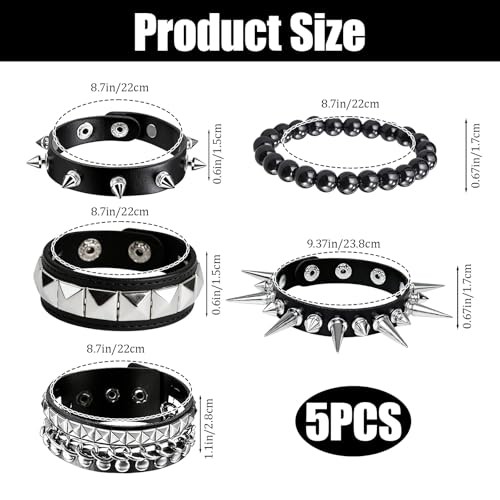 5 Pcs Spiked Bracelets Black Studded Cuff Punk Jewelry Adjustable Gothic Emo Alt