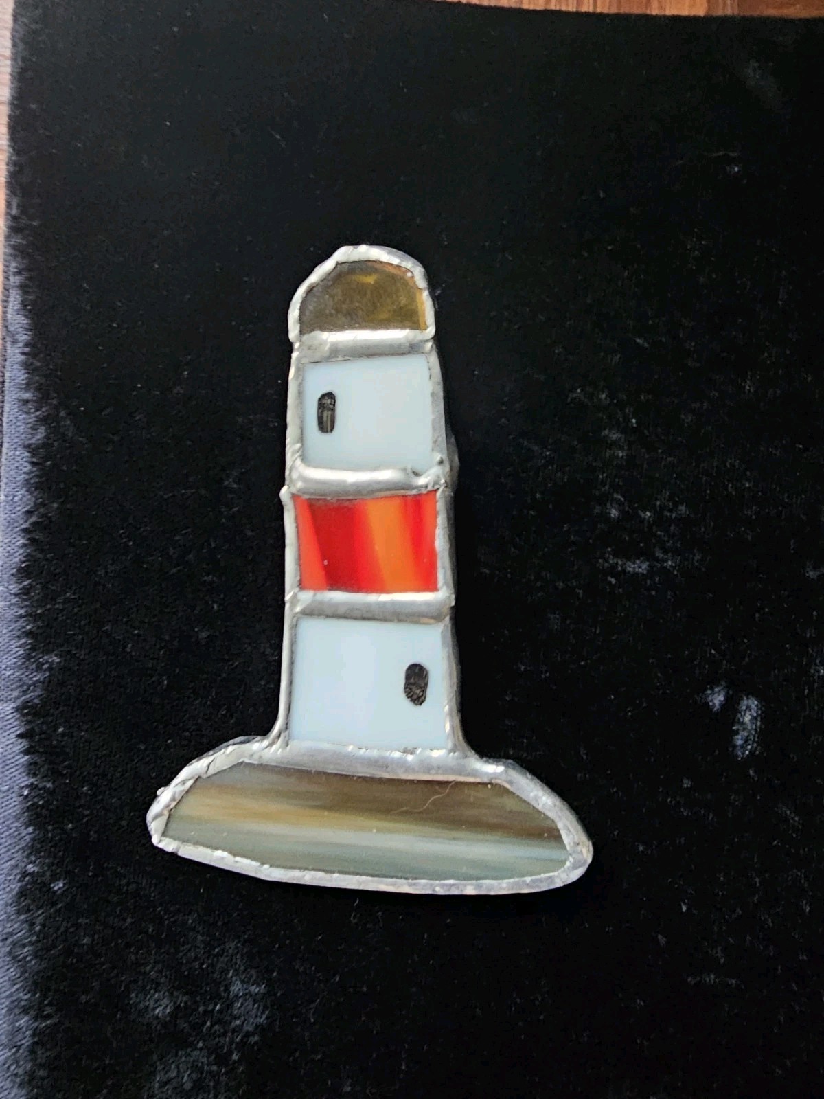 Vtg Retro Handmade Stained-Glass Large 3″ Lighthouse Brooch Pin Red White Sand