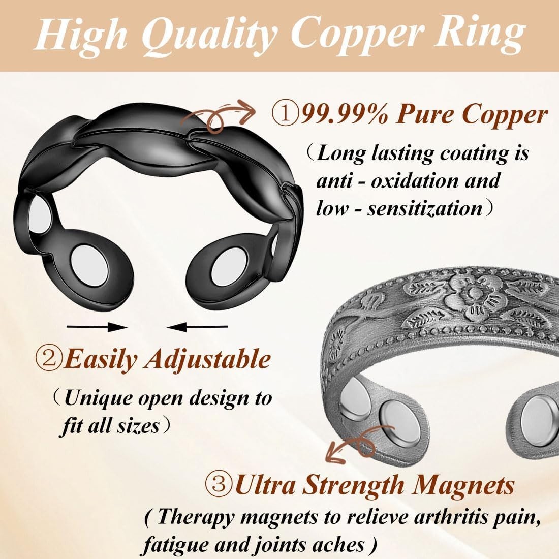 7X Copper Rings for Women 99% Solid Pure Copper Ring Adjustable with Present …