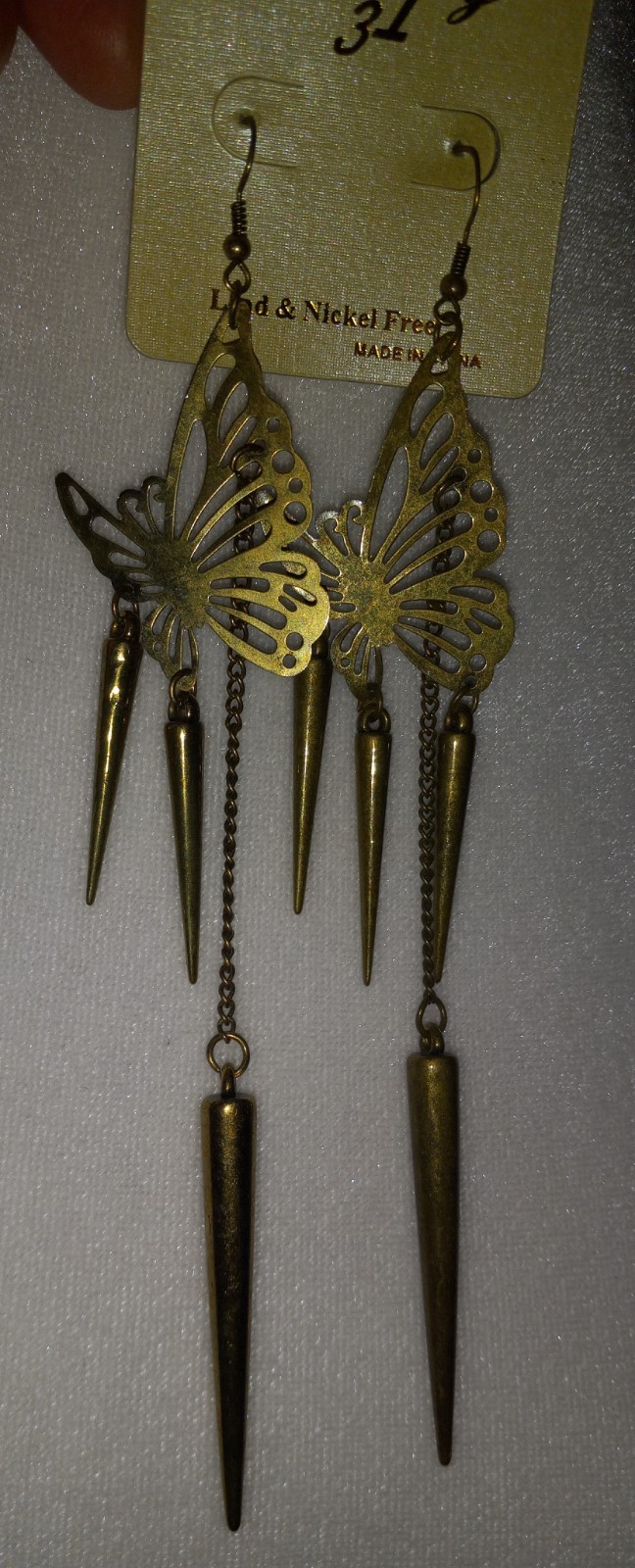 31 Jewelry Lead And Nickel Free Dangle Bronze Tone Butterfly & Spikes Earrings