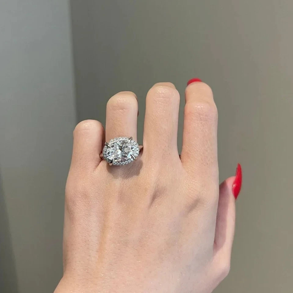 2.70 CTW Oval Moissanite East West Halo Engagement Ring 14K White Gold Plated