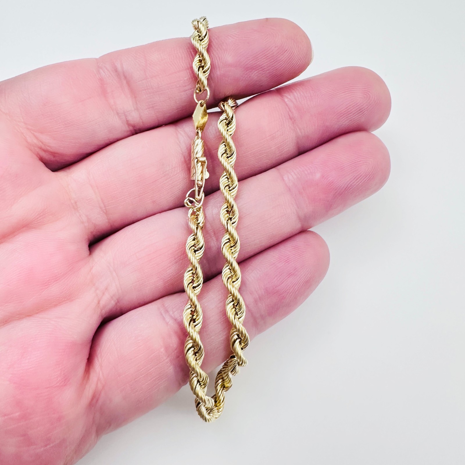 Solid 14K Yellow Gold Classic Rope Link Bracelet w/Safety Latch 3.7mm, 8″, 2.2g
