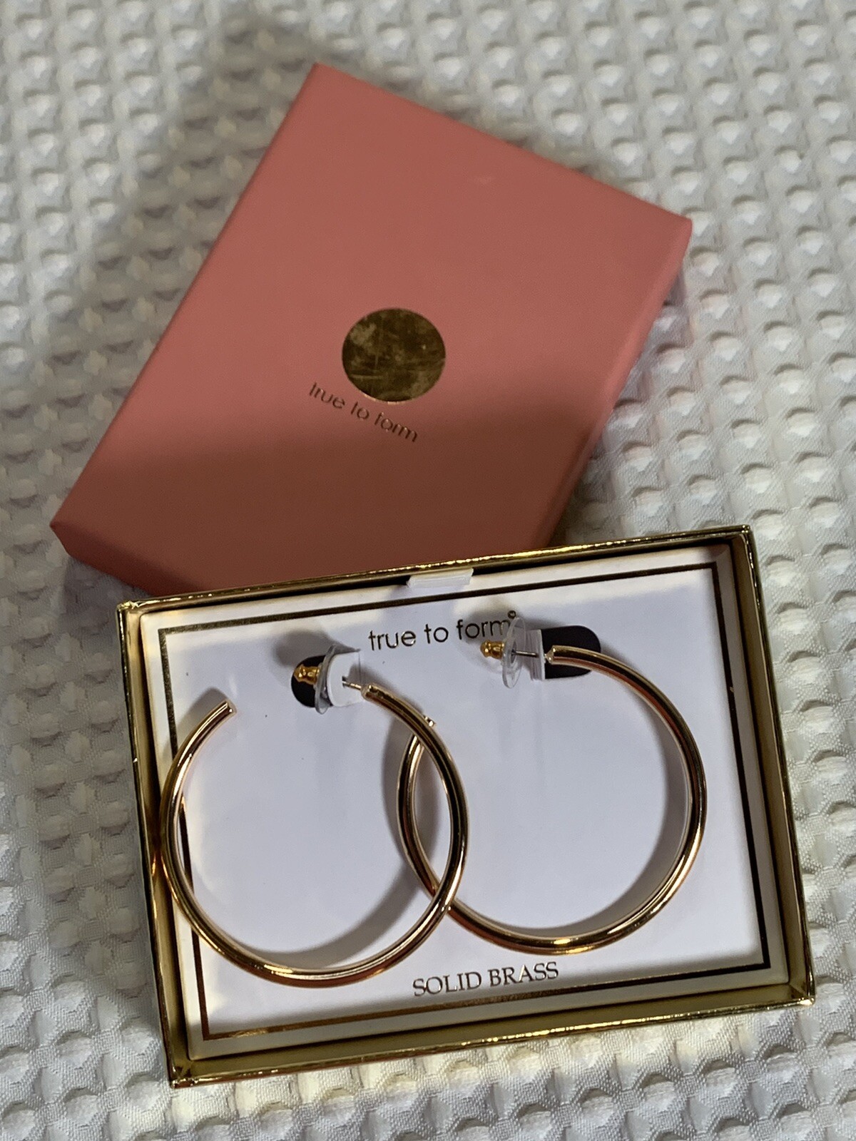 True To Form Hoop Earrings Solid Brass 2 1/8″ Diameter . New in Box
