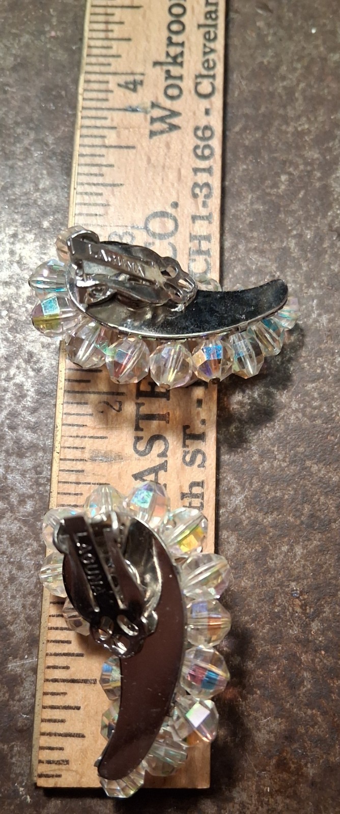 Vtg Crystal LAGUNA Clip Earring Cluster Aurora Borealis Bead Crescent Silvertone