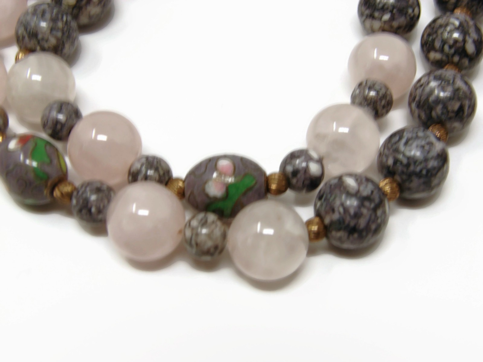 Vintage Chinese Export Rose Quartz Agate Cloisonee Bead Necklace Silver Clasp